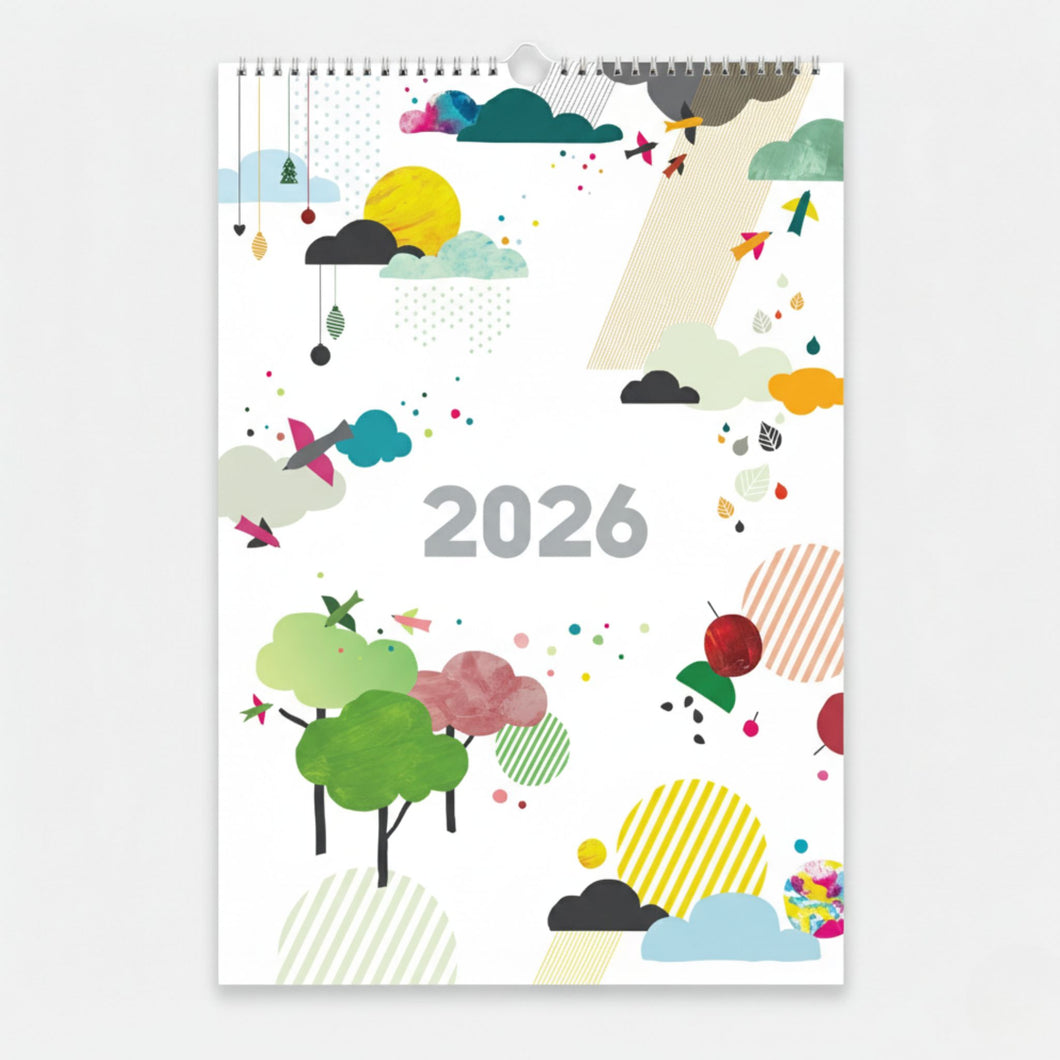 Vertikāls sienas kalendārs - plānotājs ar ilustrācijām 2026